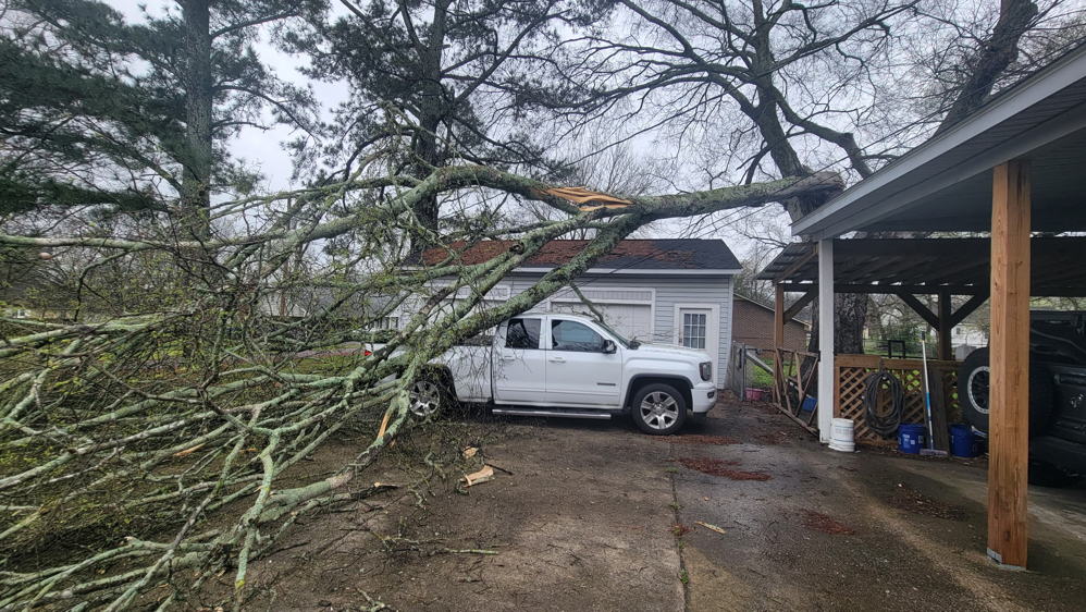 Large downed tree across a Huntsville, AL property after a storm